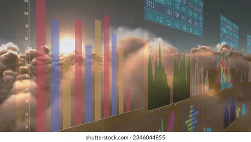 Image of interface with statistical data processing against clouds and shining sun in the sky. Computer interface and cloud data storage technology concept