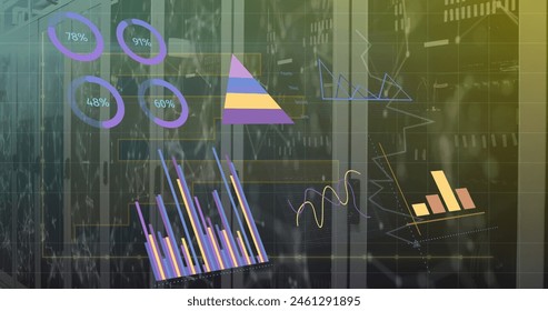 Image of interface with statistical data processing and plexus networks against server room. Computer interface and business data storage technology concept