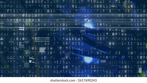 Image of interference and binary coding over server room. global technology, data processing and digital interface concept digitally generated image.