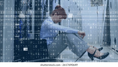Image of interference and binary coding over caucasian woman in server room. global technology, data processing and digital interface concept digitally generated image.