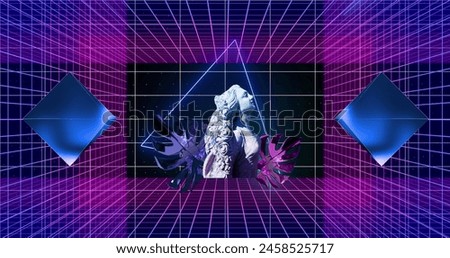 Image of interference over neon shapes with sculpture, leaves and lines on black background. Abstract background, pattern and colour concept digitally generated image.
