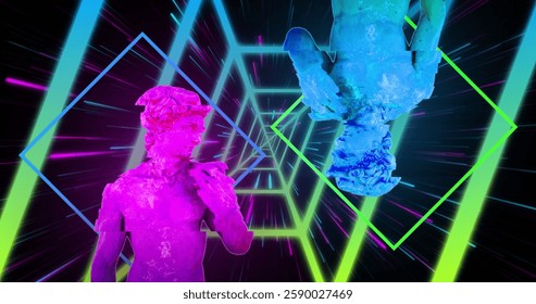 Image of interference over shapes moving and sculptures on black background. Shapes, pattern and digital interface concept digitally generated image.