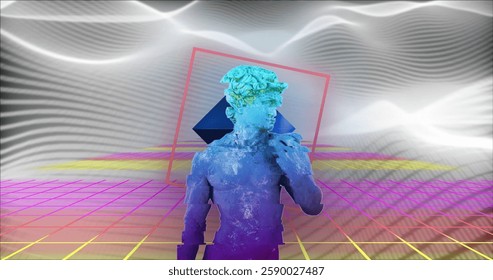 Image of interference over shapes moving and sculpture on black background. Shapes, pattern and digital interface concept digitally generated image.