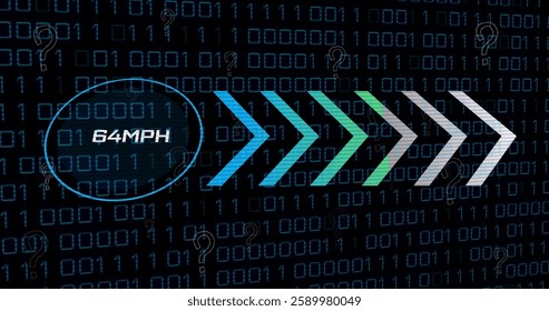 Image of internet speed, arrows and binary coding. Global internet connections, cloud computing and data processing concept digitally generated image.