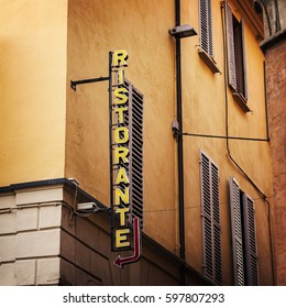 Image Of Italian Restaurant Sign In Bologna, Italy. 