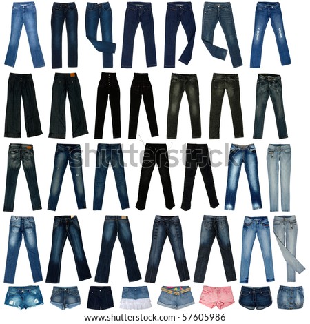 The image of jeans trousers, shorts, the skirts isolated against