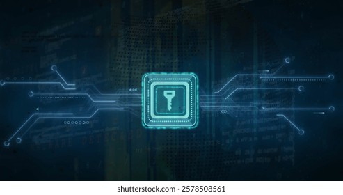 Image of key icon and digital data processing over computer circuit board. Global connections, computing and data processing concept digitally generated image.