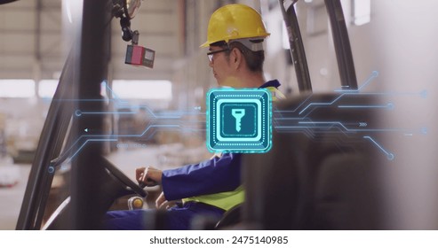 Image of key icon over asian male worker using turret truck in warehouse. Global business, delivery and digital interface concept digitally generated image. - Powered by Shutterstock