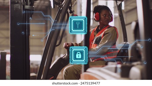 Image of key and padlock icons over african american worker using turret truck in warehouse. Global business, delivery and digital interface concept digitally generated image. - Powered by Shutterstock