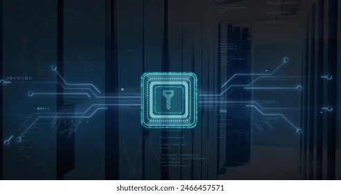 Image of key in squares, circuit board pattern and computer language over server room. Digital composite, multiple exposure, security, coding, programming language, data center and technology.