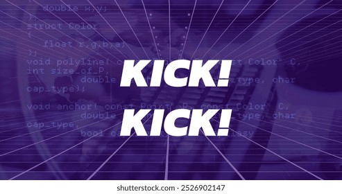 Image of kick text and data processing over hands typing on keyboard. Global technology, social media and digital interface concept digitally generated image.