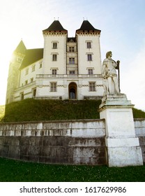 Image Of King Henry 4's Castle In Pau, France And Statue Of Gaston Fébus Viscount Of Béarn.