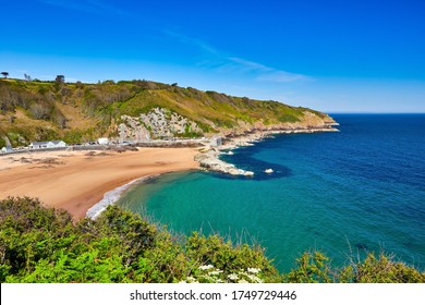 Image Of La Greve De Lecq In The Mornig Sumer Sunshine At Low Tide With Sandy Beach And Clear Water. Jersey, Channel Islands, Uk