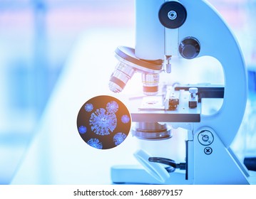 Image LAB Of Coronavirus Covid-19 Sample Test With Microscope By Scientist And Coronavirus Covid 19 Blood Sample Test In Laboratory To Research For Vaccine To Protect Covid -19 Spread.