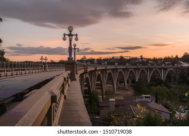 Image of the landmark Colorado Street Bridge in Pasadena taken at dusk. Pasadena is located in Los Angeles County. - Shutterstock ID 1510719038
