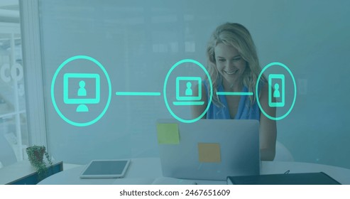 Image of laptop, computer, phone forming flow chart over caucasian woman working over laptop. Digital composite, wireless technology, icons, smiling, professional and office concept. - Powered by Shutterstock