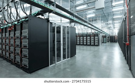 Image of a large-scale data centre, which houses numerous server racks and artificial intelligence infrastructure. These types of facility are used for AI research.