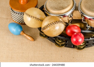 Image Of Latin Percussion Set On Brown Sack Background