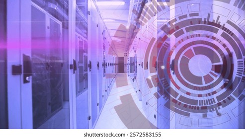 Image of layers of blue and pink light and circular scanner processing data over server room. Network, data, digital interface and communication, digitally generated image.