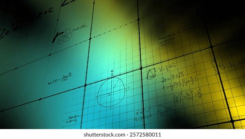 Image of layers of mathematical formulae and equations on grids over green light. Data, mathematics, research, learning, education and communication, digitally generated image.