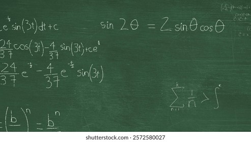 Image of layers of mathematical formulae and equations over green chalkboard. Data, mathematics, research, learning, education and communication, digitally generated image.