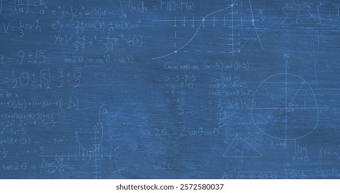 Image of layers of mathematical formulae and equations over blue chalkboard. Data, mathematics, research, learning, education and communication, digitally generated image.