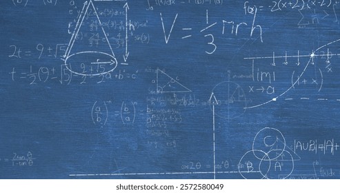 Image of layers of mathematical formulae and equations over blue chalkboard. Data, mathematics, research, learning, education and communication, digitally generated image.