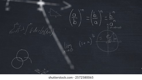 Image of layers of mathematical formulae and equations over black chalkboard. Data, mathematics, research, learning, education and communication, digitally generated image.