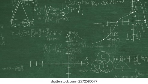 Image of layers of mathematical formulae and equations over green chalkboard. Data, mathematics, research, learning, education and communication, digitally generated image.