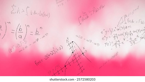 Image of layers of mathematical formulae and equations over pink and white smoke. Data, mathematics, research, learning, education and communication, digitally generated image.