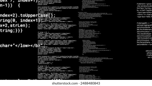 Image of layers of text data processing on black background. Connection, data, processing, digital interface and communication, digitally generated image.