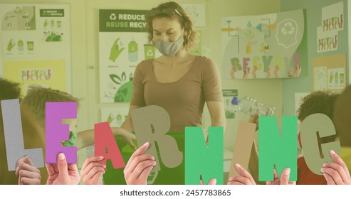 Image of learning text over caucasian teacher with diverse schoolchildren segregating waste. Recycle week, ecology and celebration concept digitally generated image. - Powered by Shutterstock