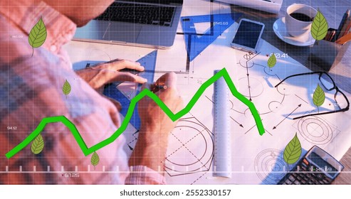 Image of leaves and financial data processing over biracial male architect. Global business, finances, computing and digital interface concept digitally generated image. - Powered by Shutterstock