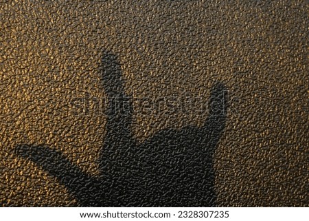 The image of the left hand's shadow was deliberately photographed against a unique textured wall background, the photo was taken in the morning so the image is slightly golden yellow