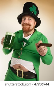 An image of a Leprechaun drinking green beer and smoking a cigar on St. Patrick's Day.