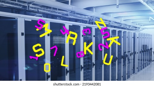 Image of letters and data processing over computer servers. Global social media, computing, data processing and digital interface concept digitally generated image.