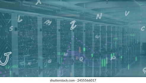 Image of letters and data processing over computer servers. Global data processing concept digitally generated image.