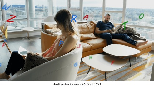 Image of letters flying over man and woman using electronic devices at home. digital interface global connection and finance concept digitally generated image.