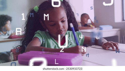 Image of letters and numbers over biracial schoolgirl concentrating writing at desk in class. School, education, childhood and learning, digitally generated image. - Powered by Shutterstock