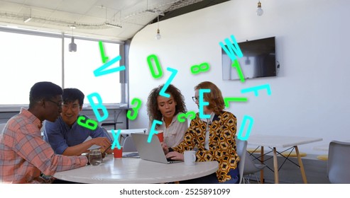 Image of letters and numbers processing over diverse business people in office. Global business, computing, digital interface and data processing concept digitally generated image.