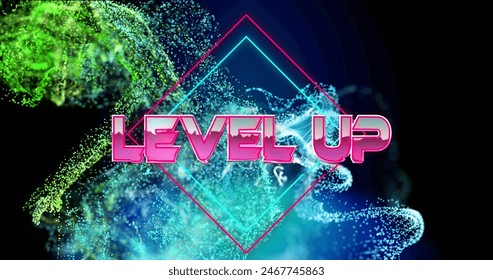 Image of level up text banner over glowing blue and green digital wave on black background. image game interface and technology concept