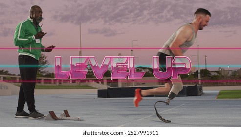 Image of level up text with biracial athlete with prosthetic leg running. retro communication, sports, disability and social media concept digitally generated image. - Powered by Shutterstock