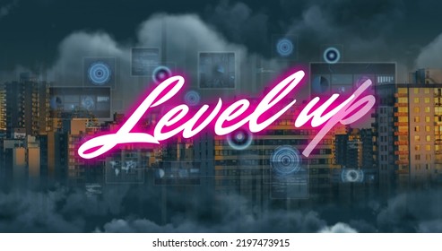 Image of level up text and data processing over cityscape. social media and communication interface concept digitally generated image. - Powered by Shutterstock - Get 15% off with code: PIKWIZARD15