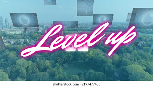 Image of level up text and data processing over cityscape. social media and communication interface concept digitally generated image. - Powered by Shutterstock - Get 15% off with code: PIKWIZARD15