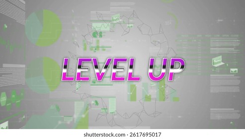 Image of level up text over data processing and shapes. global social media, data processing and digital interface concept digitally generated image. - Powered by Shutterstock - Get 15% off with code: PIKWIZARD15