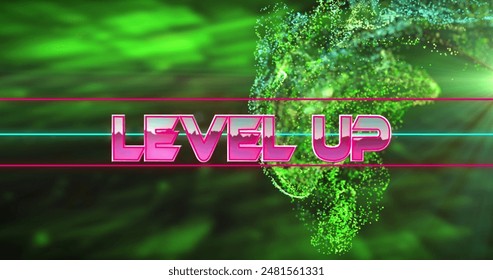 Image of level up text over dynamic waves over abstract background. Digitally generated, hologram, illustration, progress, data, connection, futuristic, image game and technology concept.