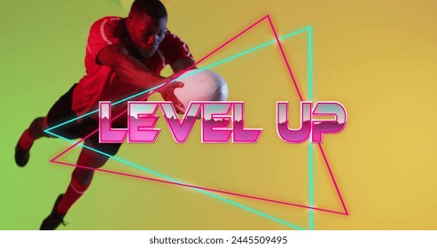 Image of level up text over neon pattern african american rugby player. Global sports, image game, digital interface, communication, computing, data processing concept digitally generated image.