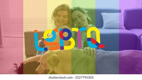 Image of lgbtq over happy caucasian lesbian couple with dog at home. supporting lgbt rights and gender equality digitally generated image. - Powered by Shutterstock