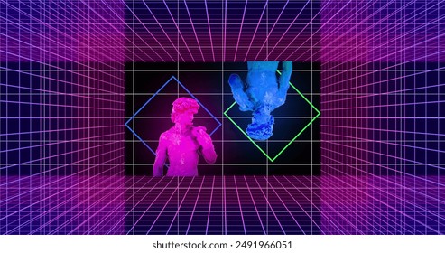 Image of light beams and classical statues changing colour over pink grids on black. Creativity, data, connection, processing, digital interface and communication, digitally generated image.