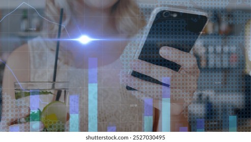 Image of light and graphs over midsection of caucasian woman using smartphone. economy, finance, communication and technology concept digitally generated image,